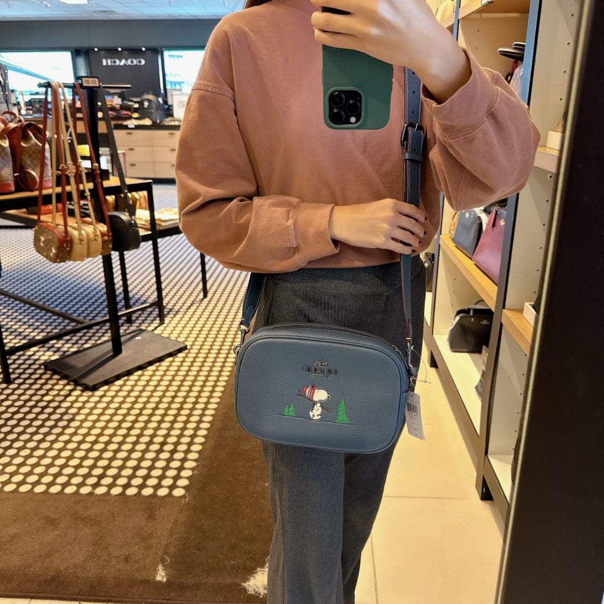 Coach CF305 Coach X Peanuts Jamie Camera Bag With Snoopy Ski Motif In Gunmetal/Denim Multi Coach CF305 Coach X Peanuts Jamie Camera Bag With Snoopy Ski Motif In Gunmetal/Denim Multi